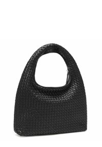 Borsa a tracolla in pelle intrecciata nera con manico superiore grande e arrotondato, caratterizzata da una superficie liscia e una forma strutturata e distintiva.