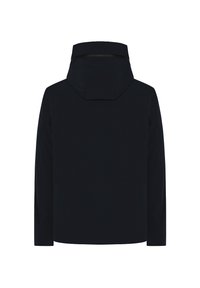 Sort jakke med hætte, der har et slankt design, glat tekstur og minimalisk detaljer. Ingen synlige metaldele eller mønstre.
