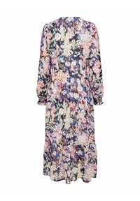 Long, floral dress with a dark background. Made of lightweight fabric, featuring long sleeves, a gathered waist, and a tiered hem.