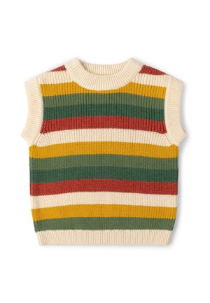 Ärmellose Strickweste mit breiten horizontalen Streifen in Creme, Senfgelb, Grün und Rostrot.