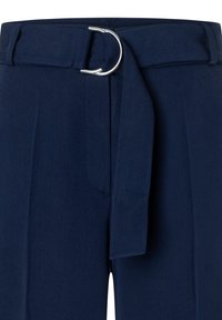 Navy blue trousers with a fabric belt threaded through metal D-ring buckle, featuring front pleats and belt loops.