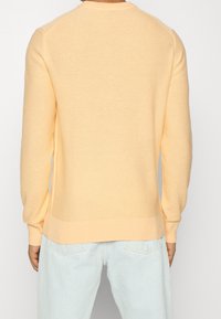 Ljusgul stickad tröja med långa ärmar, ribbade muddar och nederkant. Mjuk textur med en avslappnad passform. Bakvy, ihop med ljusblå jeans.