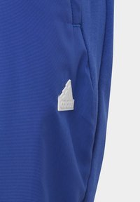 Tissu bleu Adidas avec un petit logo Adidas blanc cousu près d'une couture ou du bord d'une poche.