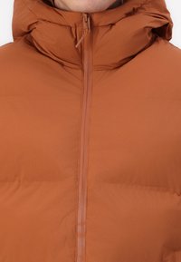 Hnědá péřová bunda s vysokým límcem, předním zipem, bavlněnou texturou a hladkým povrchem. Disponuje teplým, izolovaným designem.