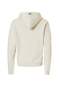 Crème hoodie met een kangoeroezak, ribgebreide manchetten en een capuchon met trekkoorden. Zacht katoenmateriaal met een licht textuur. 