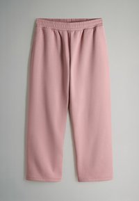 Roze, zachte stoffen broek met elastische tailleband, voorzien van een losse pasvorm en rechte pijpen, zonder zakken of versieringen.