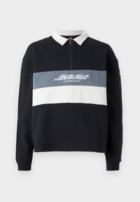 Zwarte sweatshirt met lange mouwen en witte kraag, halve rits, horizontale witte en grijze strepen, en het logo van "Santa Cruz Skateboards" op de voorkant.