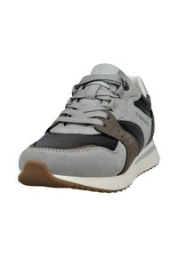 Graue Wildleder- und Leder-Sneaker mit braunen Akzenten, runder Zehenpartie, Schnürverschluss und einer weißen Zwischensohle. Verfügt über durchbrochene Details an der Seite.