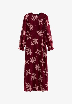 Lungo vestito bordeaux con motivo floreale rosa chiaro, maniche lunghe a sbuffo con polsini arricciati e vita aderente.