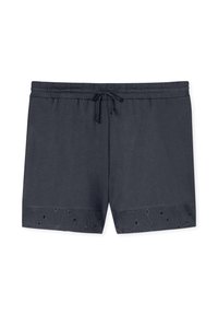 Donkergrijze katoenen shorts met een elastische tailleband en trekkoord, voorzien van geborduurde bloemmotieven rond de zoom.