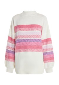 Maglione oversize in morbido tessuto testurizzato. Base bianca con strisce orizzontali nei toni del rosa, rosa chiaro e lavanda. Collo alto.