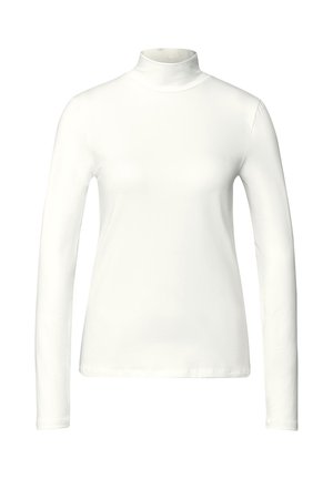 Weiße Langarm-Turtleneck-Bluse aus glattem, elastischem Stoff, mit hohem Kragen und schmaler Silhouette sowie geradem Saum.