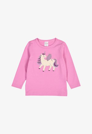 Světle růžová košile s dlouhým rukávem, která obsahuje design jednorožce s mnohobarevným hřívou, křídly a jemnými glitrovými akcenty. Měkký bavlněný materiál.