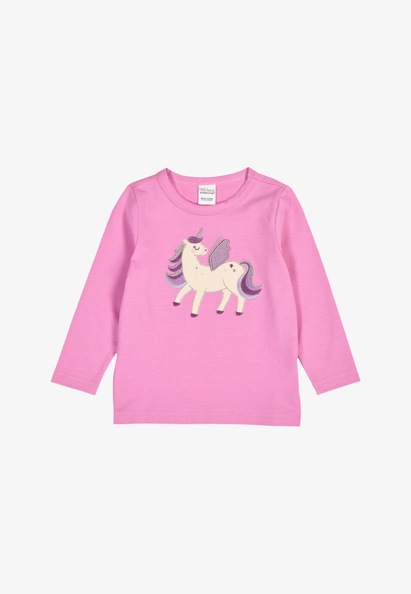 Světle růžová košile s dlouhým rukávem, která obsahuje design jednorožce s mnohobarevným hřívou, křídly a jemnými glitrovými akcenty. Měkký bavlněný materiál.