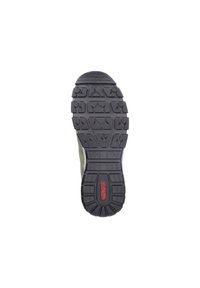 Black rubber outsole with deep traction patterns and red logo. Upper features green fabric material. Sturdy, outdoor footwear design.