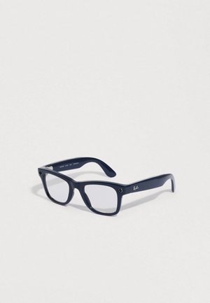 Navy blue rectangular eyeglasses with clear lenses. Plastic frame featuring metal accents and logo detail on temple. Suitable for regular wear.