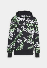 Felpa nera con cappuccio caratterizzata da testo e motivi in stile graffiti bianchi e verde neon. Realizzata in materiale morbido, con tasca frontale e cappuccio regolabile.