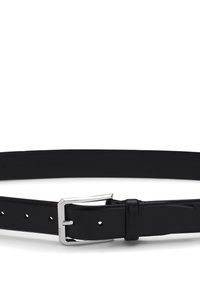 Ceinture en cuir noir avec une boucle en métal argenté rectangulaire, comportant des trous pour le réglage et une texture lisse. Design simple et fonctionnel.