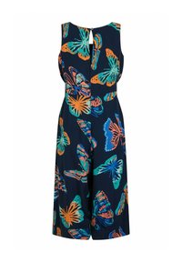 Navy blue jumpsuit with vibrant butterfly print in orange, green, and blue. Smooth fabric, sleeveless design, and a back keyhole detail.