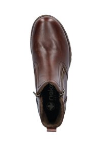 Bruine leren enkelboot met een ronde neus, een zijklepsluiting en een zachte binnenvoering die zichtbaar is vanaf de bovenkant. Merkllogo binnenin.