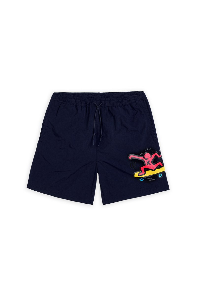 Navy blue swim shorts made of lightweight fabric, featuring a pink skateboarder graphic with yellow accents and an elastic waistband.