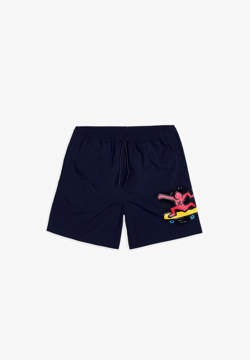 Navy blue swim shorts made of lightweight fabric, featuring a pink skateboarder graphic with yellow accents and an elastic waistband.