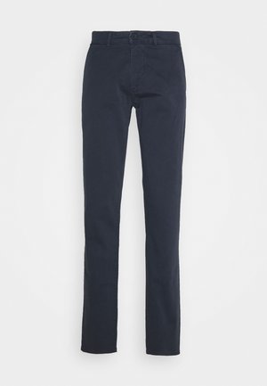 Pantaloni blu navy in cotone, con design a gamba dritta, passanti per cintura e chiusura con bottone frontale. Texture liscia.