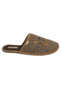 Brown felt slipper with a closed back, beige trim, and decorative embroidery featuring autumn leaves and a floral design. Soft texture.
