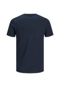 Marineblaue Baumwoll-T-Shirt mit Rundhalsausschnitt und kurzen Ärmeln, das eine weiche Textur und ein schlichtes Design aufweist. Rückansicht gezeigt.
