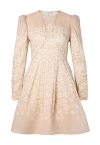Abito rosa pallido con lunghe maniche a sbuffo e un corpetto aderente, caratterizzato da una stampa leopardata e una gonna arricciata. Chiusura con zip sul retro.