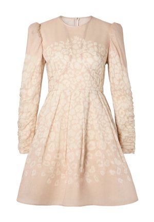 Pale pink dress with long puff sleeves and a fitted bodice, featuring a leopard print pattern and a gathered skirt. Back zipper closure.