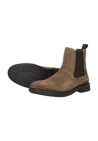 Bruine suède Chelsea-botten met elastische zijkanten, een getextureerde rubberen zool en contrasterende gele stiksels op de hak.