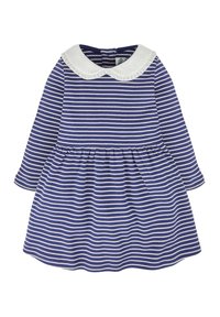 Gestreiftes Kleid in Marineblau und Weiß mit langen Ärmeln, einem gerafften Rock und einem weißen Rüschensaum. Knopfverschluss auf der Rückseite. Weicher, gestrickter Stoff.