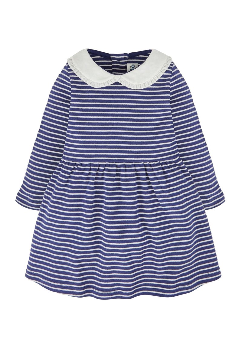 Gestreiftes Kleid in Marineblau und Weiß mit langen Ärmeln, einem gerafften Rock und einem weißen Rüschensaum. Knopfverschluss auf der Rückseite. Weicher, gestrickter Stoff.