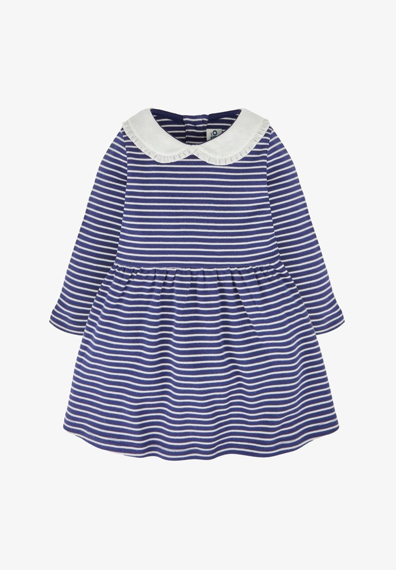 Námořnické a bílé pruhované šaty s dlouhými rukávy, nabíranou sukní a bílým volánkovým límcem. Zapínání na knoflíky na zadní straně. Měkká pletená tkanina.