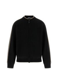 Schwarze Zip-up Sweatjacke mit weißen und goldenen Streifen an den Ärmeln, gestrickten Bündchen und einem gerippten Saum. Mit geprägtem Logo auf der Brust.