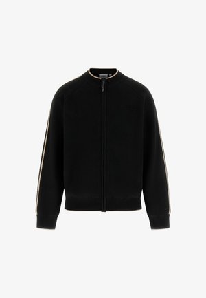 Zwarte zip-up sweatshirt met witte en gouden strepen op de mouwen, gebreide manchetten en een geribde zoom. Bevat een geperst logo op de borst.