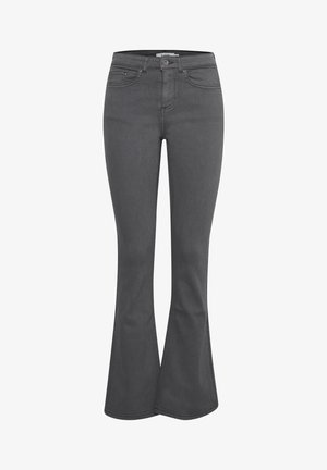 Graue, ausgestellte Jeans aus Denim mit einem Bund und Knopfverschluss, fünf Taschen und einer glatten Textur.