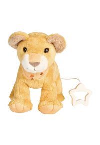 Plush lion toy in light yellow with soft fur, featuring dark eyes, a beige muzzle, and a star-shaped pull cord. Textured paws add detail.