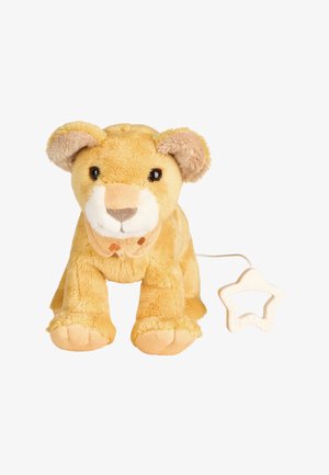 Plüschlöwentier in hellgelb mit weichem Fell, featuring dunkle Augen, eine beige Schnauze und eine sternförmige Zugkordel. Strukturierten Pfoten fügen Details hinzu.