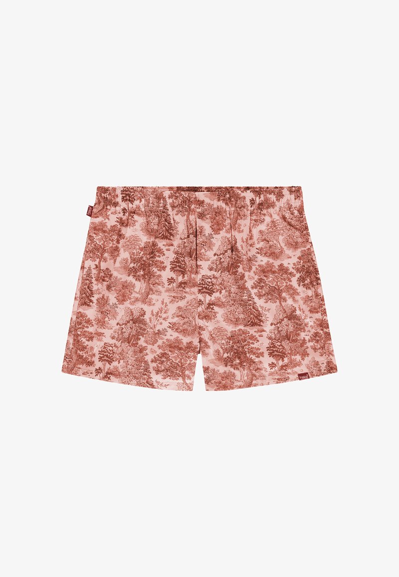 Shorts roses avec une ceinture élastique présentant un motif détaillé complet d'arbres et de forêt en marron.