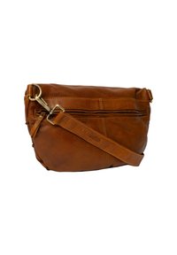 Borsa a tracolla in pelle marrone con tracolla regolabile, tasca con zip sulla parte anteriore e accessori in ottone.