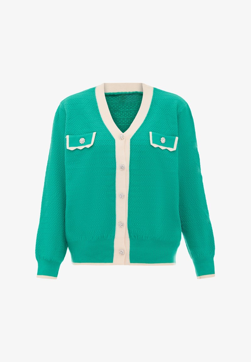 Cardigan de punto verde con escote en V, ribete crema, dos bolsillos frontales y botones decorativos plateados, con patrones texturizados en toda la prenda.