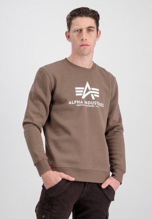 Brauner Sweatshirt mit Rundhalskragen, ausgestattet mit einem weißen Logodruck und dezenten Rippbündchen. Strukturierter Stoff mit sichtbarem seitlichem Taschen.
