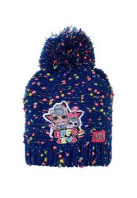 Szydełkowa granatowa czapka z kolorowym melanżowym włóczką, zakończona puszystym pomponem, z naszywką "BFFS 4 EVA" z postaciami z kreskówek.
