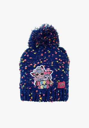 Gebreide marineblauwe beanie met kleurrijk gespikkeld garen, afgezet met een pluizige pompon, voorzien van een "BFFS 4 EVA" patch met cartoonfiguren.