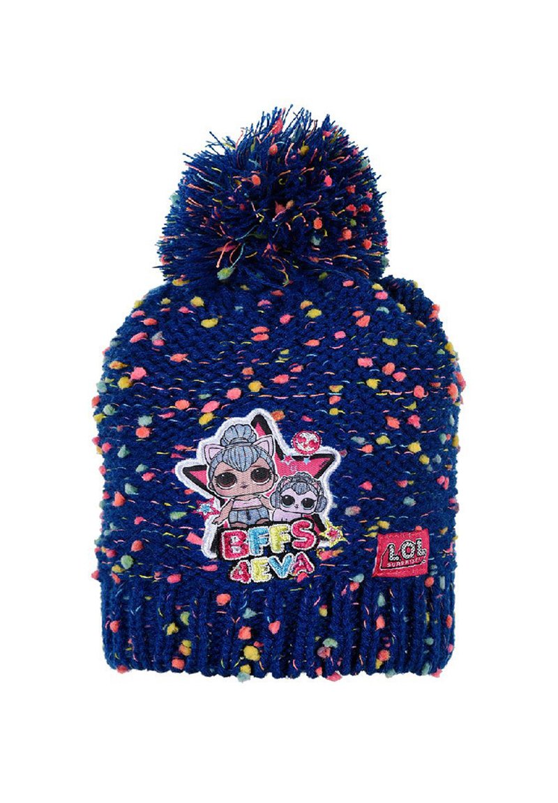 Szydełkowa granatowa czapka z kolorowym melanżowym włóczką, zakończona puszystym pomponem, z naszywką "BFFS 4 EVA" z postaciami z kreskówek.