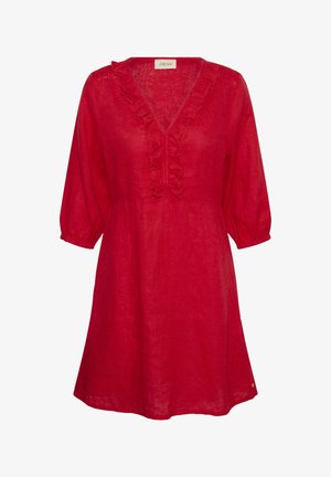 Rode jurk tot op de knieën met driekwart mouwen, V-hals versierd met ruches en lichtgewicht textuurstof.