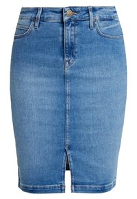 Lichtblauwe denim rok met een aansluitend ontwerp, een split aan de voorkant, vijf zakken en een knoopsluiting met metalen hardware.