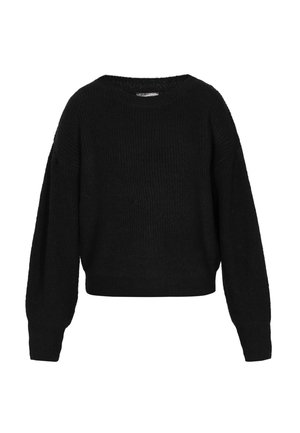 Crni pleteni pulover s okruglim izrezom, spuštenim ramenima i dugim, širokim rukavima. Teksturirana završna obrada i dizajn skraćenog ruba.